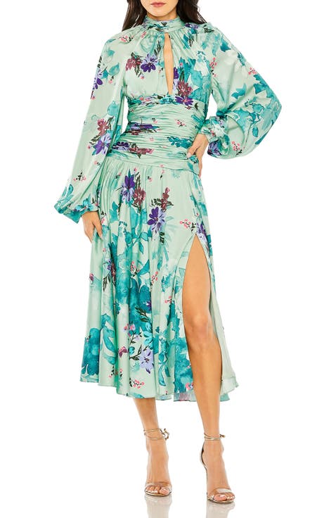 Floral Print Satin Long Sleeve Keyhole Gown