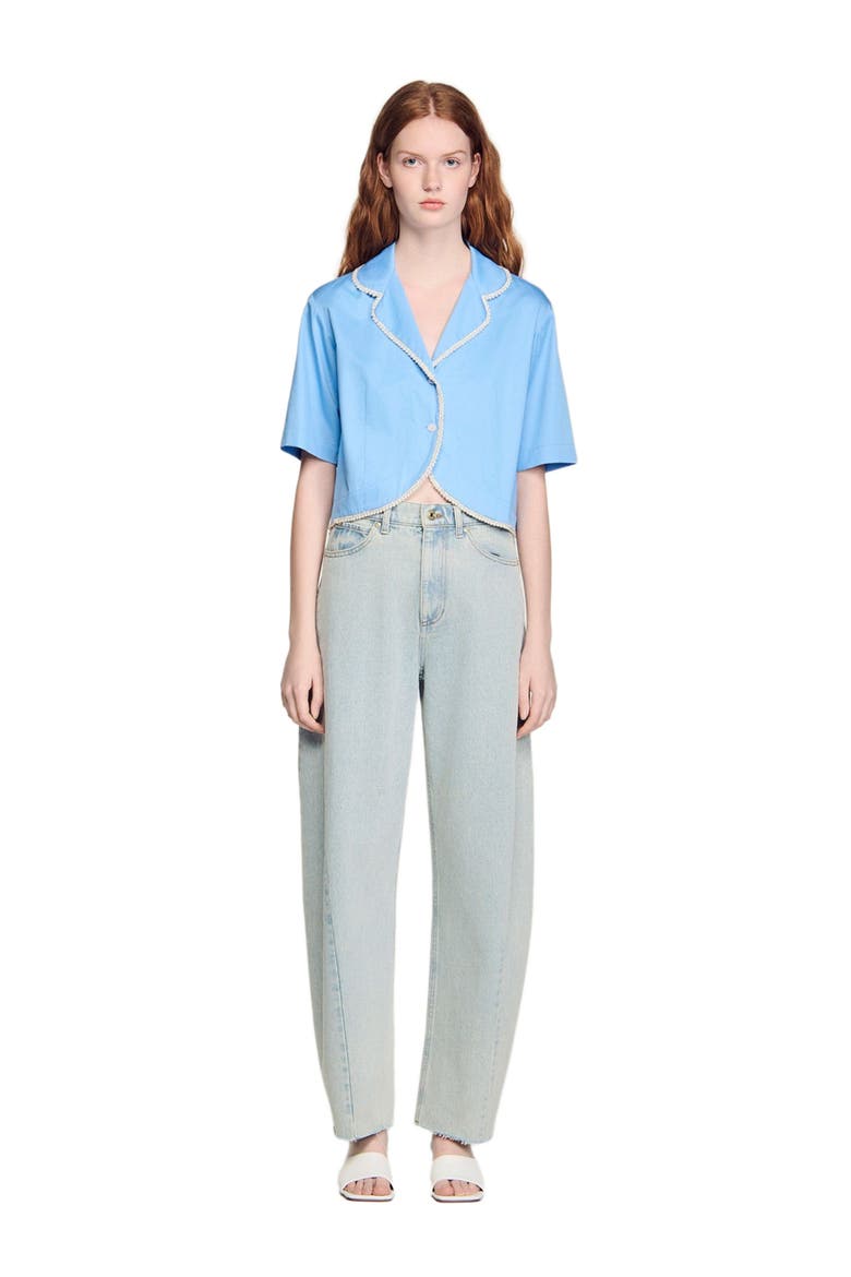 Cotton shirt with beaded trim, Alternate, color, Blue