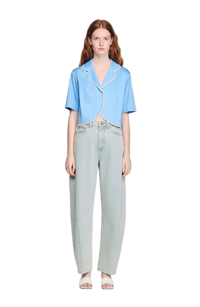 SANDRO Cotton shirt with beaded trim, Alternate, color, Blue