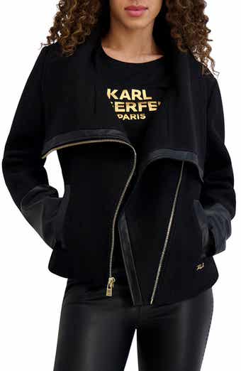 KARL LAGERFELD PARIS Wool Blend & Faux Leather Asymmetric Jacket
