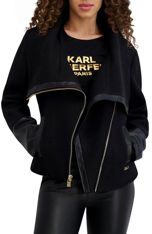 Karl Lagerfeld Wool Blend & Faux Leather Asymmetric Jacket In Black