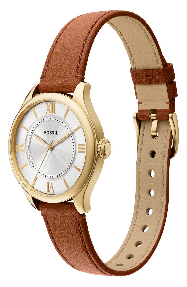 Fossil Gilmore Leather Strap Watch, 28mm, Alternate, color, White/ Brown/ Gold