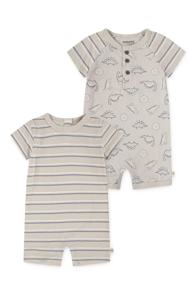 2-Pack Dino Stripe Short Sleeve Rompers, Main, color, HUGGIES FRENCH OAK