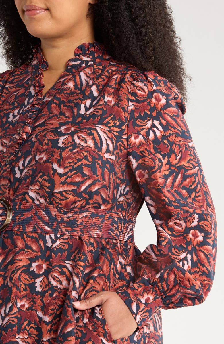 Caslon<sup>®</sup> Floral Print Long Sleeve Shirtdress, Alternate, color, Navy- Rust Ikat Blossom