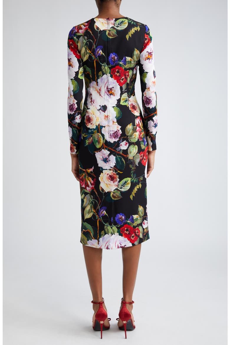 Floral Print Long Sleeve Charmeuse Sheath Dress, Alternate, color, NERO