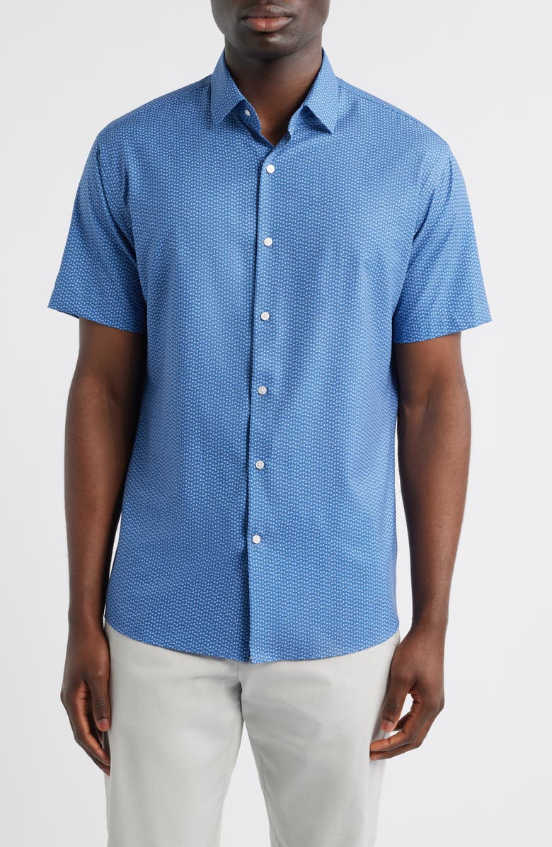 Peter Millar Jackson Microprint Short Sleeve Performance Poplin Button-Up Shirt, Main, color, Windsor Blue