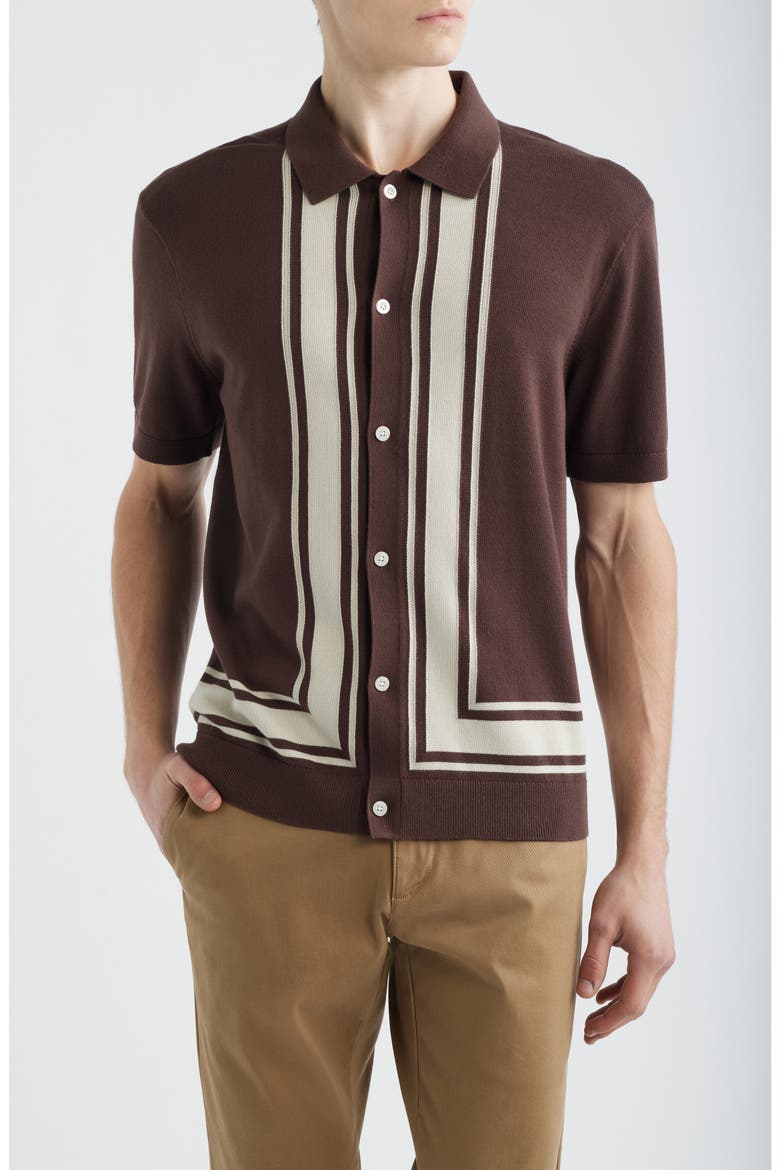 Border Stripe Short Sleeve Cotton Sweater Shirt, Main, color, RUM RAISIN