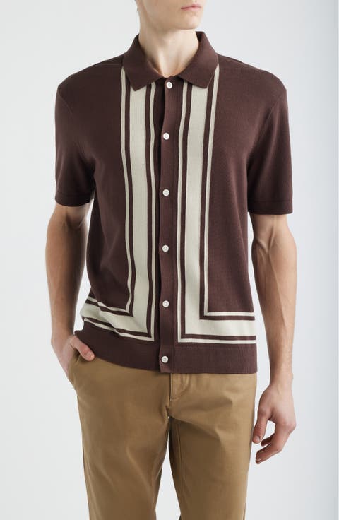 Border Stripe Short Sleeve Cotton Sweater Shirt