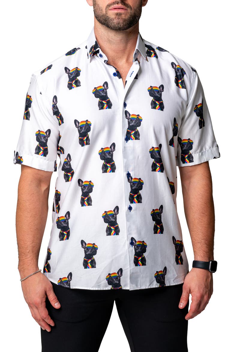 Galileo Glasses Dog Regular Fit Short Sleeve Button-Up Shirt, Main, color, WHITE