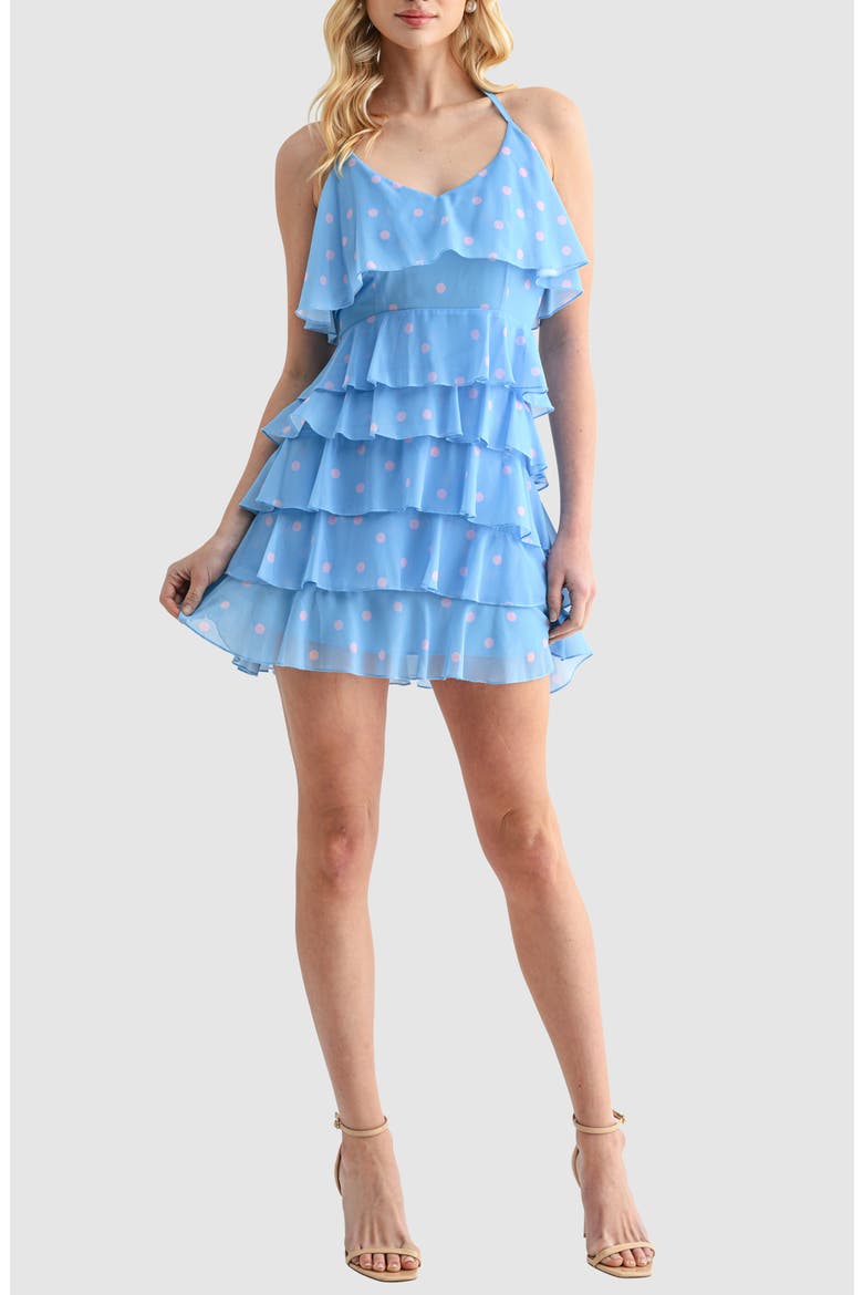 Halter Neck Ruffle Minidress, Main, color, BLUE PINK DOT