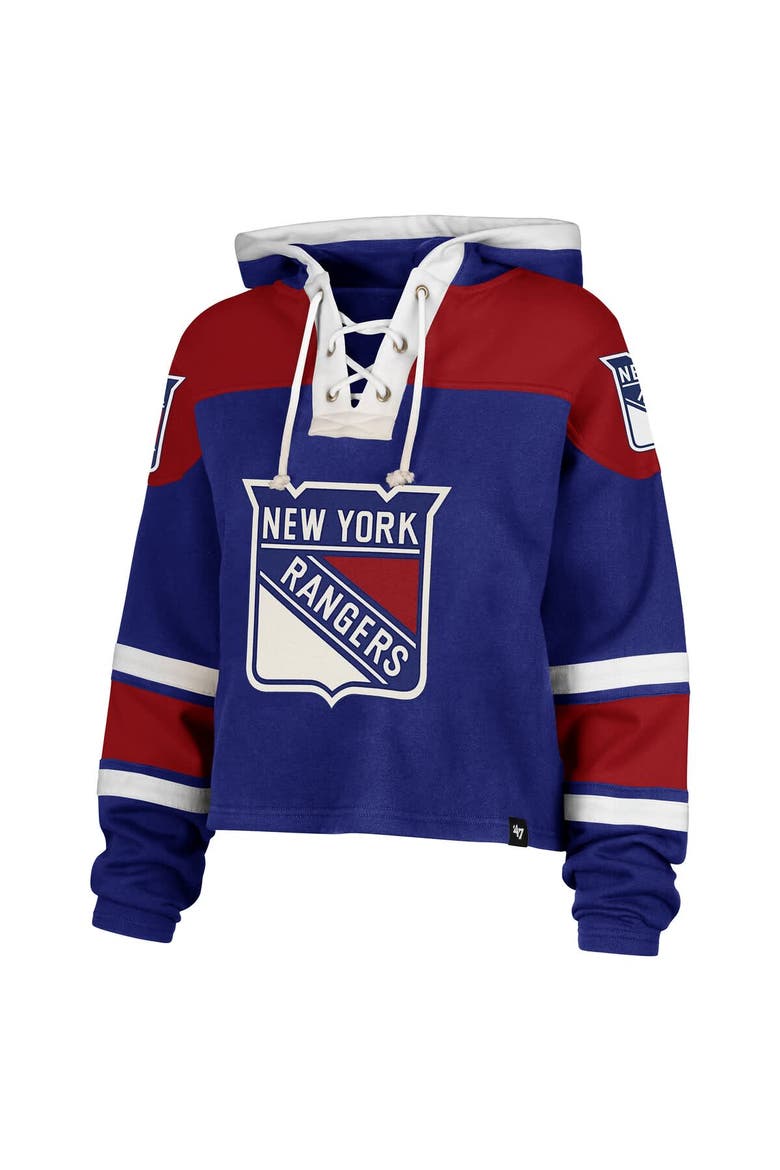 Women's '47 Blue New York Rangers Cropped Superior Lacer Pullover Hoodie, Alternate, color, Blue