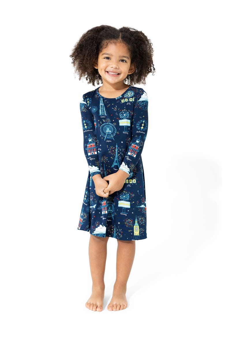 Kids' New Year's Worldwide Countdown Long Sleeve Dress, Alternate, color, Worldwide Countdown