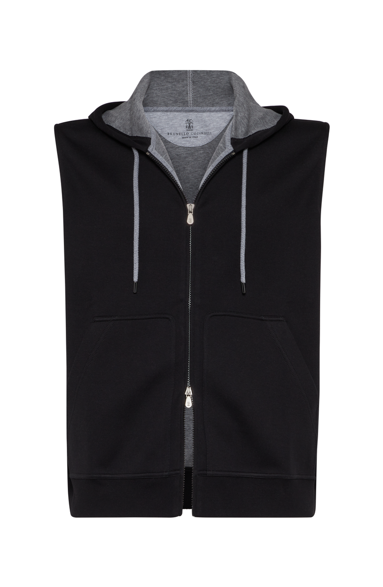 Brunello Cucinelli Cotton, cashmere and silk French terry double cloth sleeveless sweatshirt with zipper and hood, Main, color, 