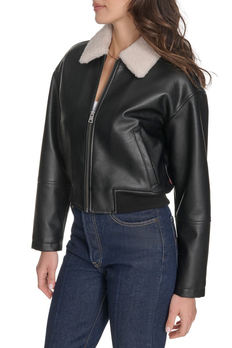 Faux Leather Bomber Jacket with Faux Shearling Collar, Alternate, color, BLACK