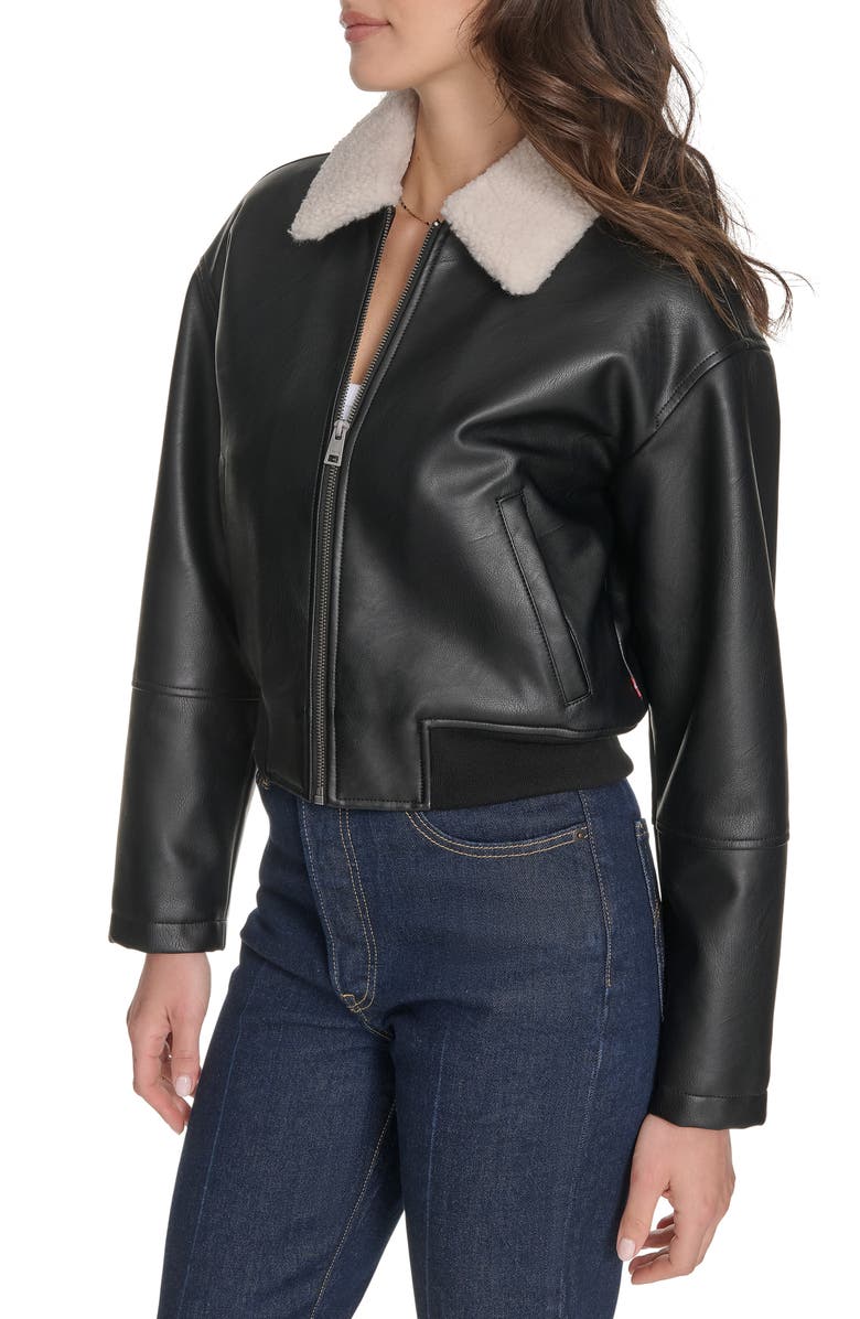 Levi's Faux Leather Bomber Jacket with Faux Shearling Collar, Alternate, color, Black