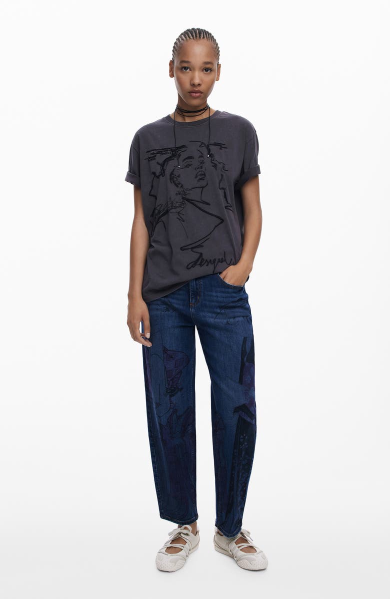 Desigual Graphic Barrel Leg Ankle Jeans, Alternate, color, Dark Blue