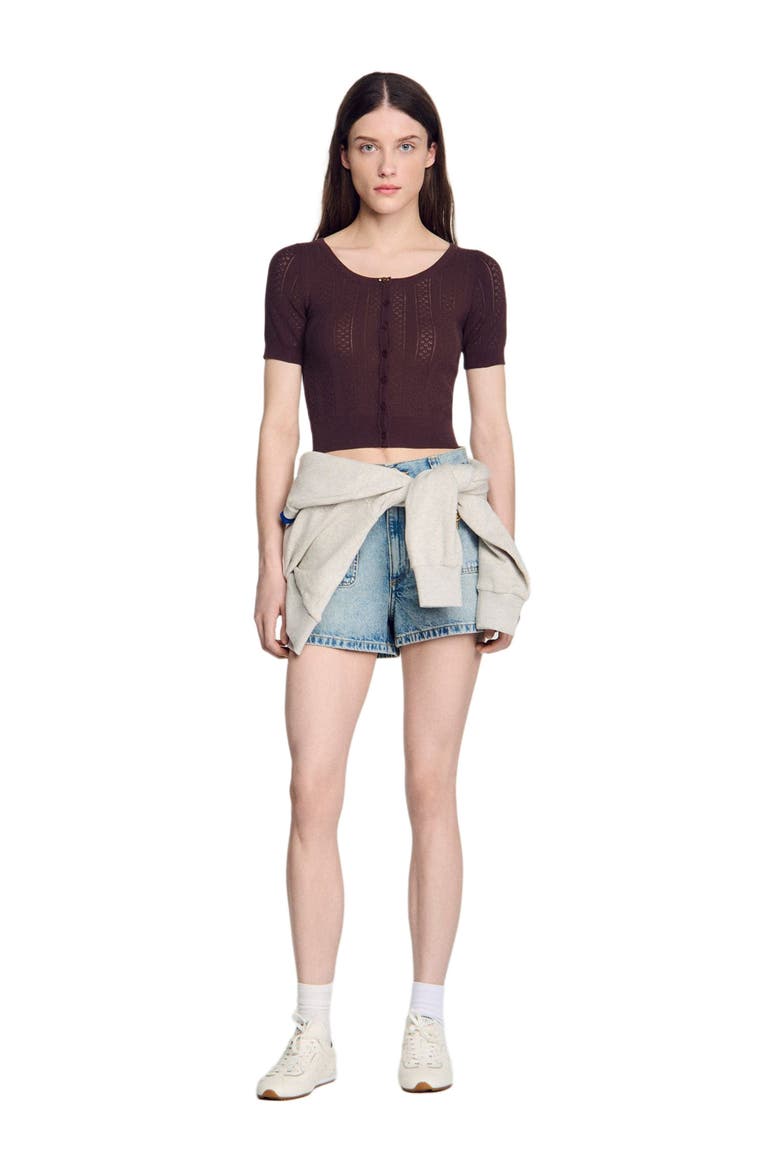 Pointelle knit cardigan, Alternate, color, Brown