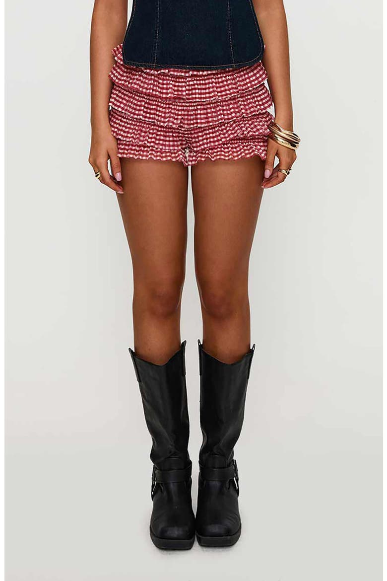 Biscotti Gingham Ruffle Bloomer Shorts, Main, color, RED GINGHAM