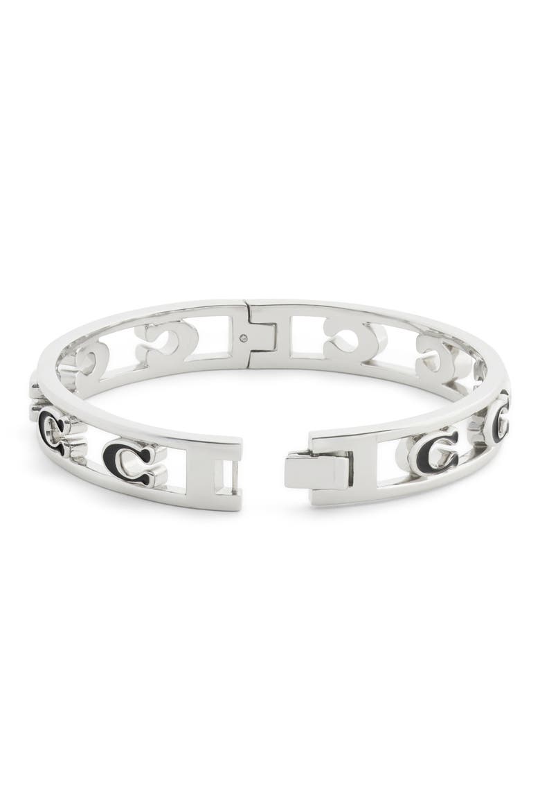 Signature C Open Enamel Hinge Bracelet, Alternate, color, BLACK/ RHODIUM