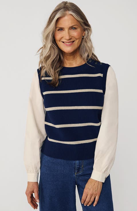 Drifter Shaker Button Shoulder Sweater Vest with Poplin Sleeves