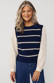 Lands' End Drifter Shaker Button Shoulder Sweater Vest with Poplin Sleeves