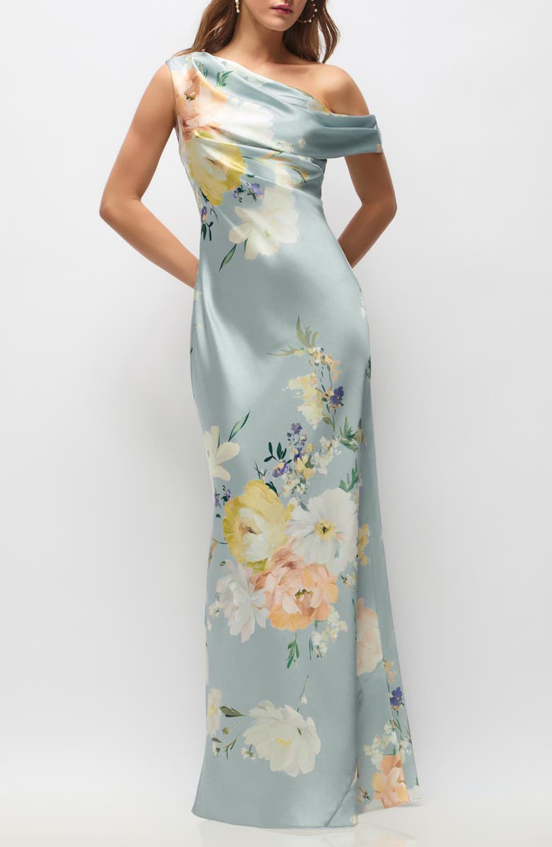 After Six Liv Print One-Shoulder Gown, Main, color, Mist Multi