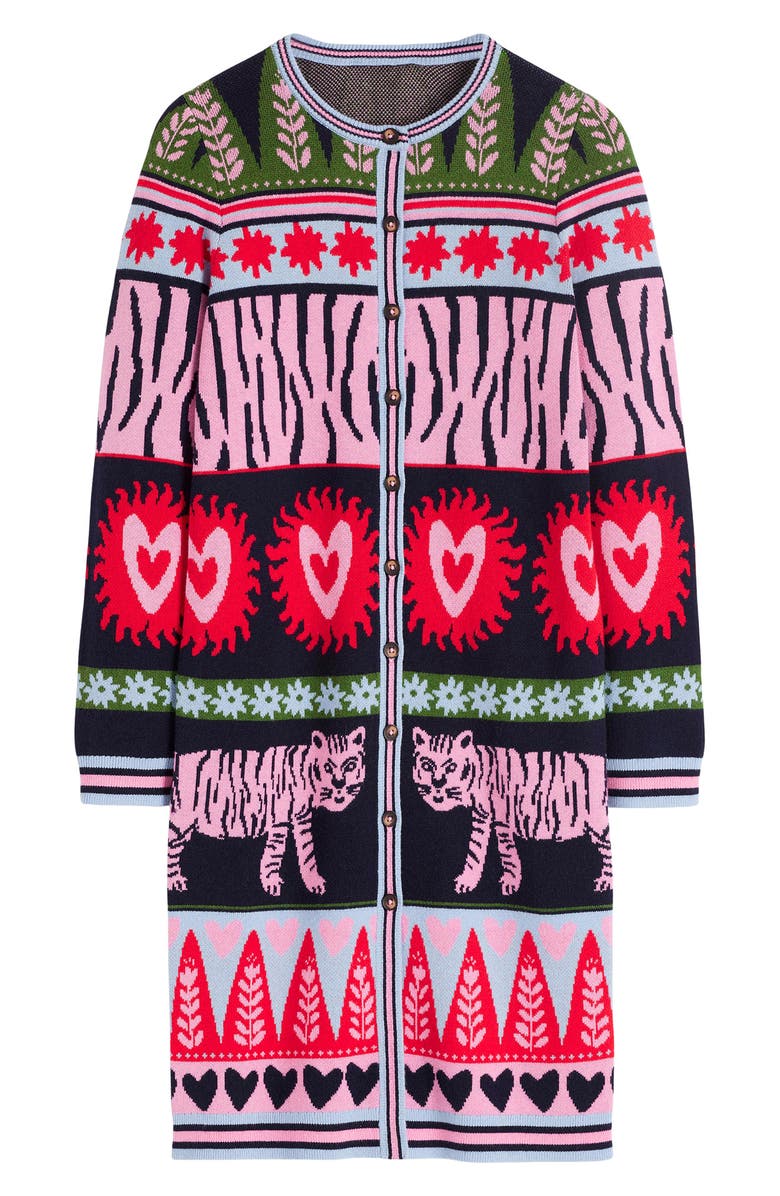 Boden Jacquard Longline Cardigan, Alternate, color, Navy Tigers