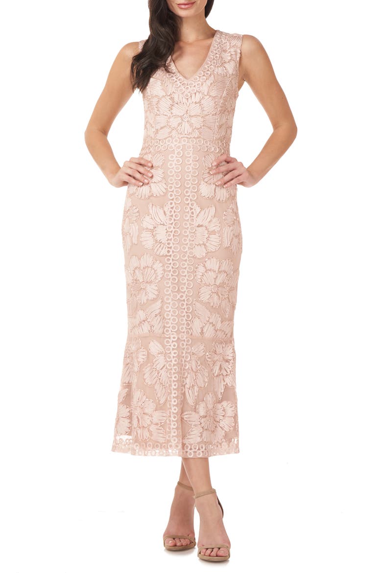 Beaded V-Neck Midi Dress, Main, color, BLUSH