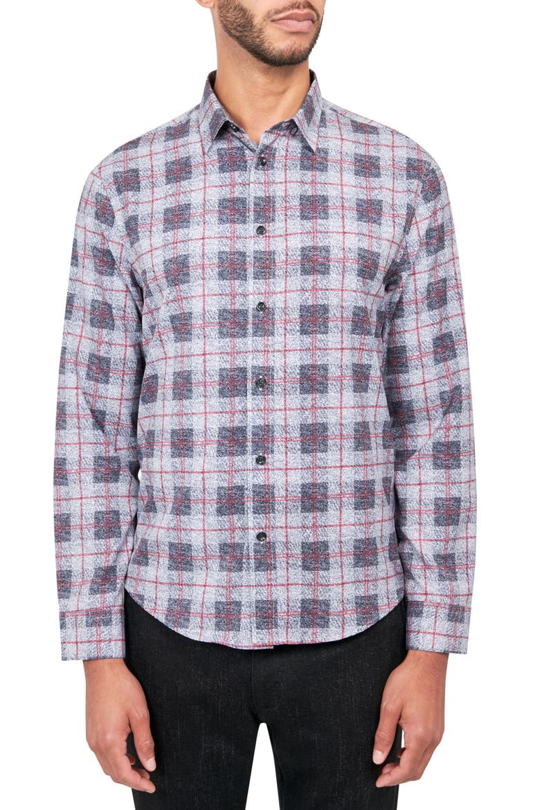 Plaid 4-Way Stretch Performance Long Sleeve Shirt, Main, color, GREY