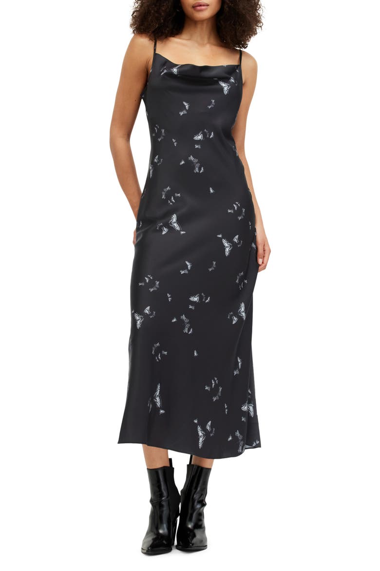 Hadley Butterfly Print Cowl Neck Satin Slipdress, Main, color, AGATHA BLACK