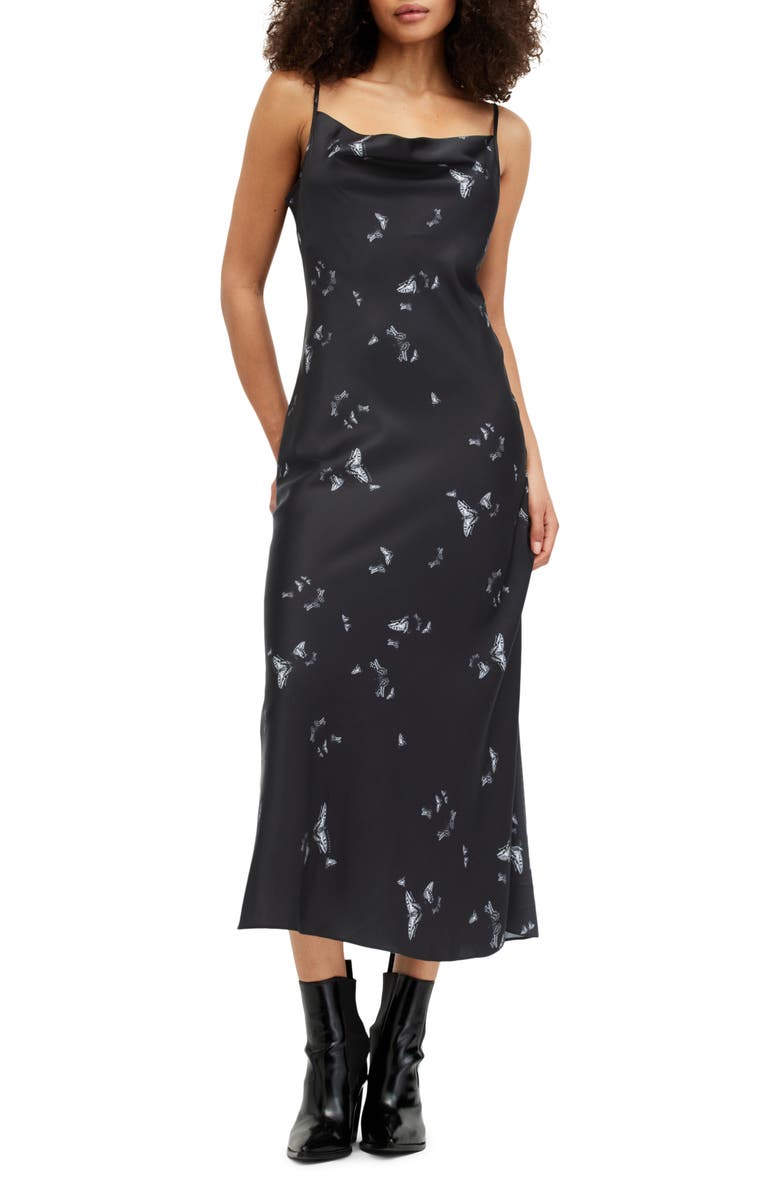 AllSaints Hadley Butterfly Print Cowl Neck Satin Slipdress, Main, color,