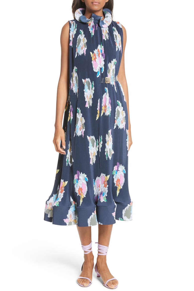 Asymmetrical Belted Floral Dress, Main, color, NAVY