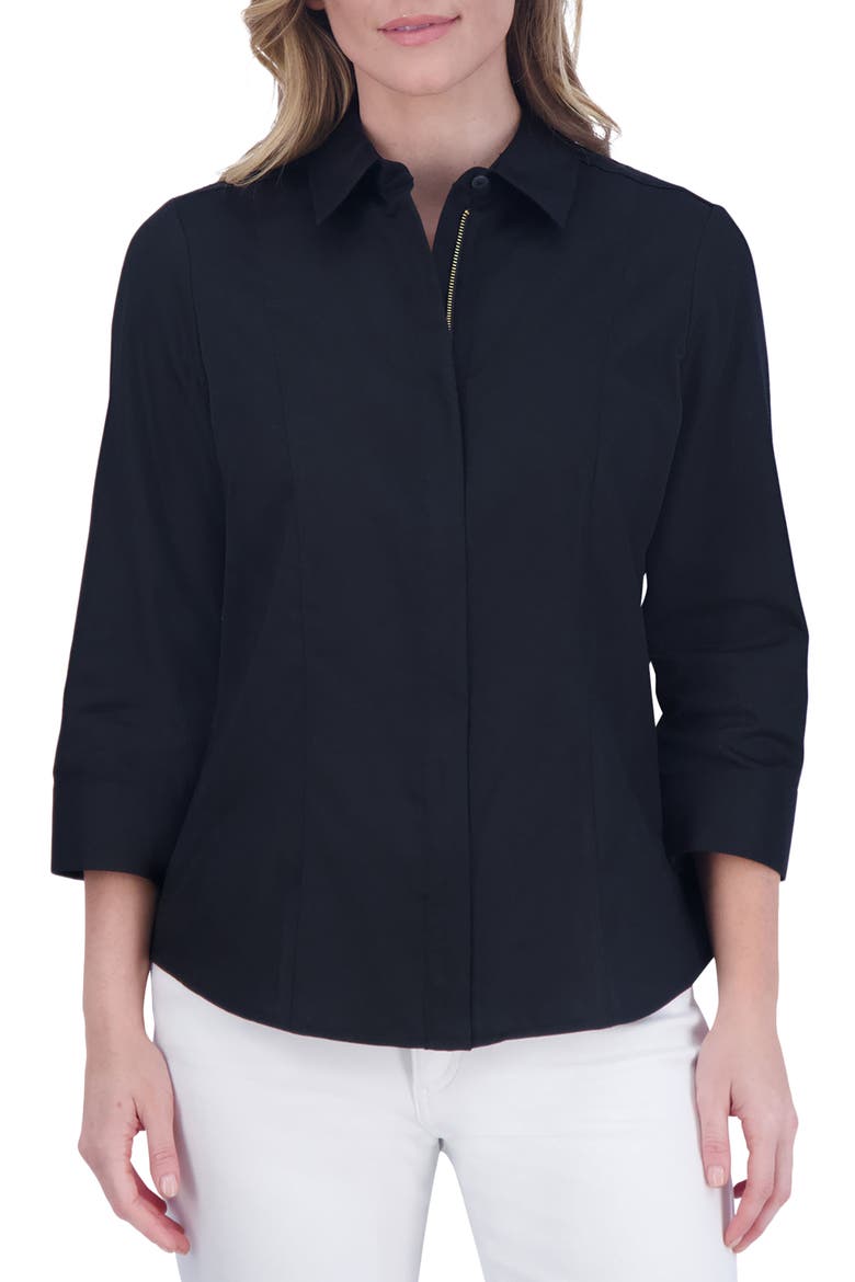 Aimee Sateen Zip-Up Shirt, Main, color, BLACK
