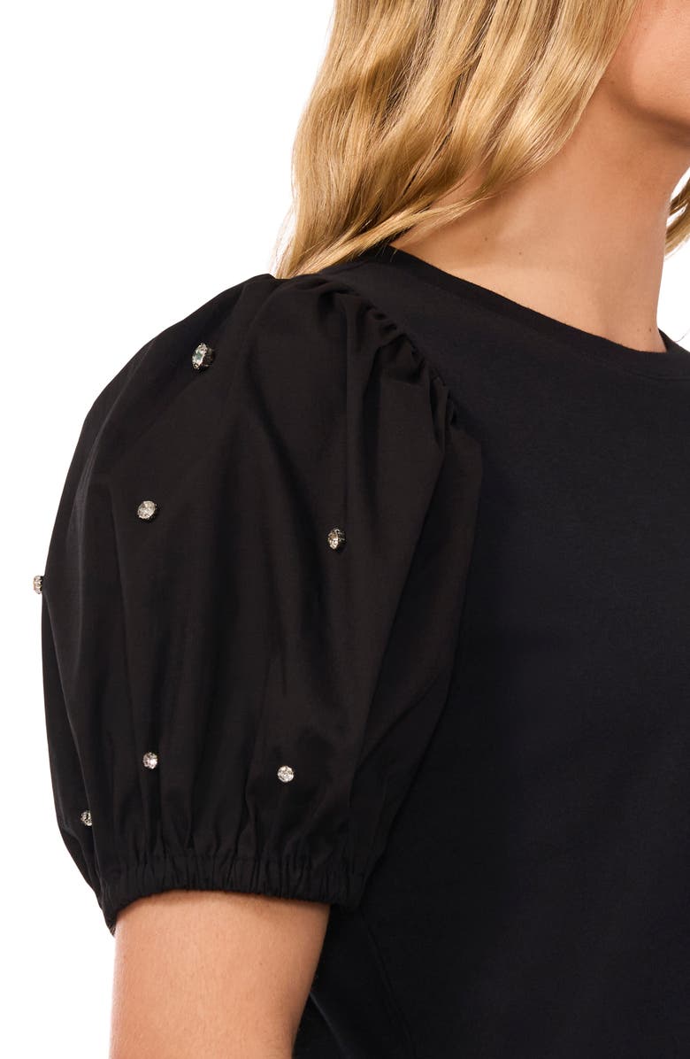 CeCe Embellished Puff Sleeve Mixed Media Top, Alternate, color,