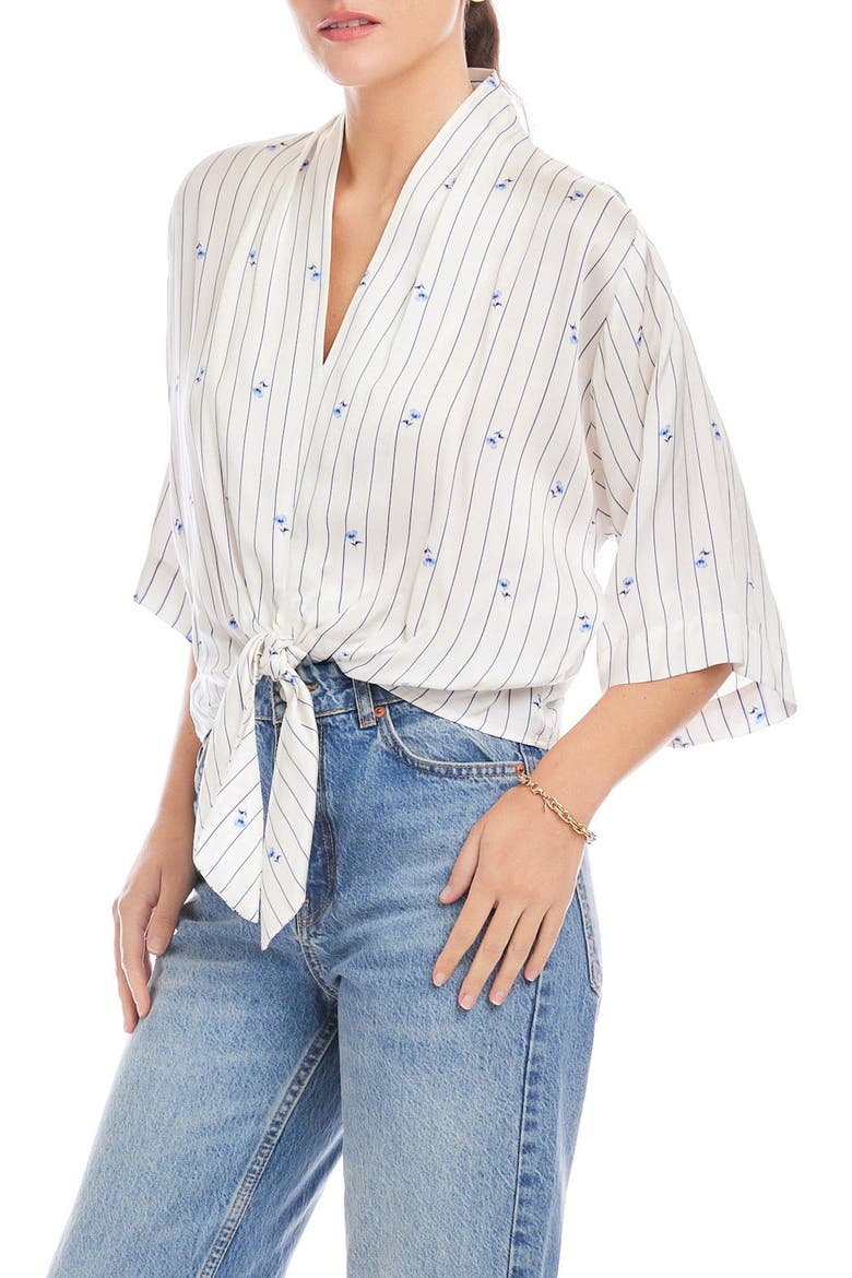 Bernice Floral Stripe Tie-Front Top, Alternate, color, CREAM/ BLUE