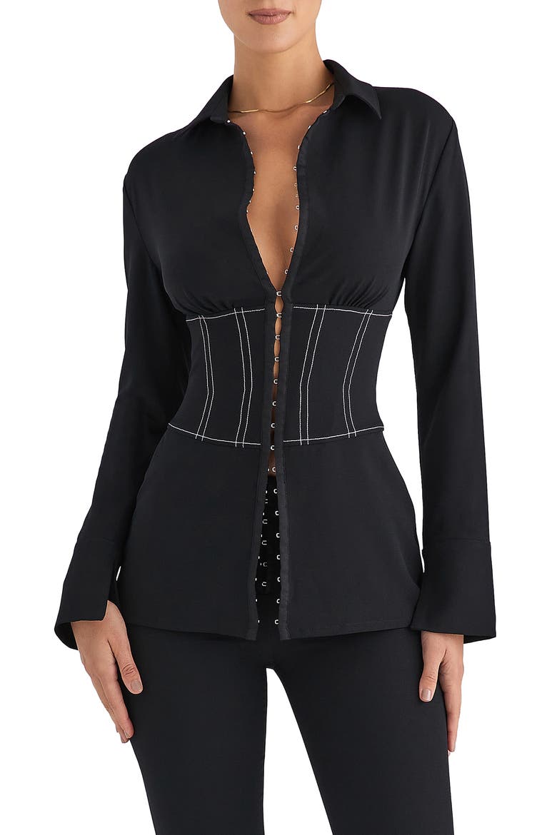 Long Sleeve Corset Shirt, Main, color, BLACK
