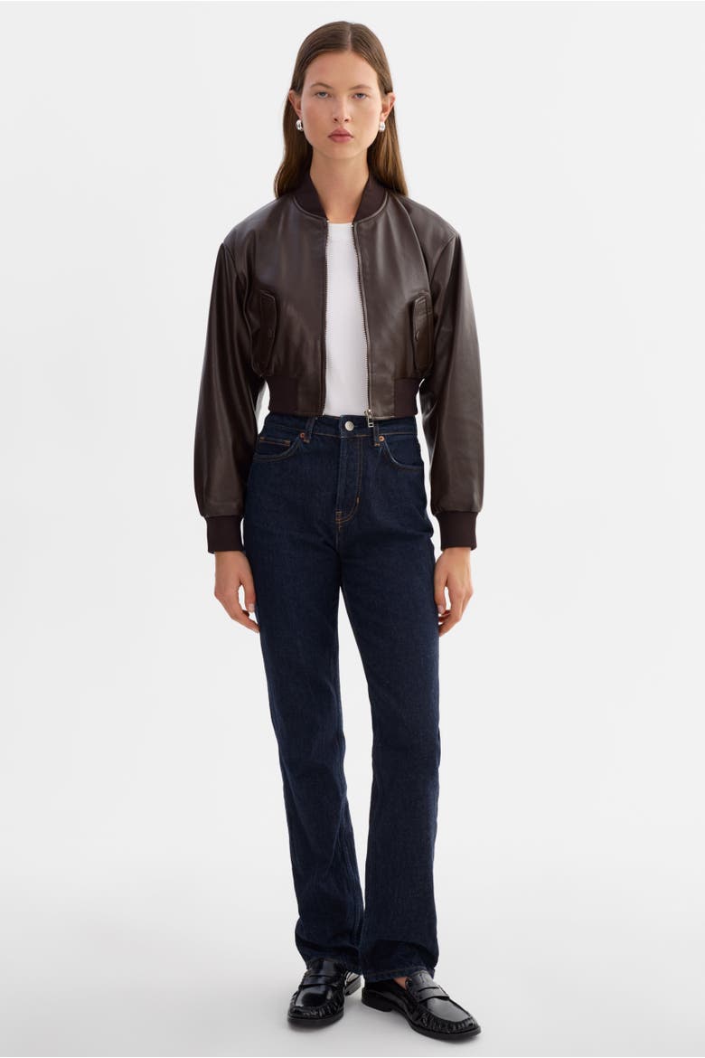 EVELIN | Cropped Faux Leather Bomber Jacket, Alternate, color, Dark Brown