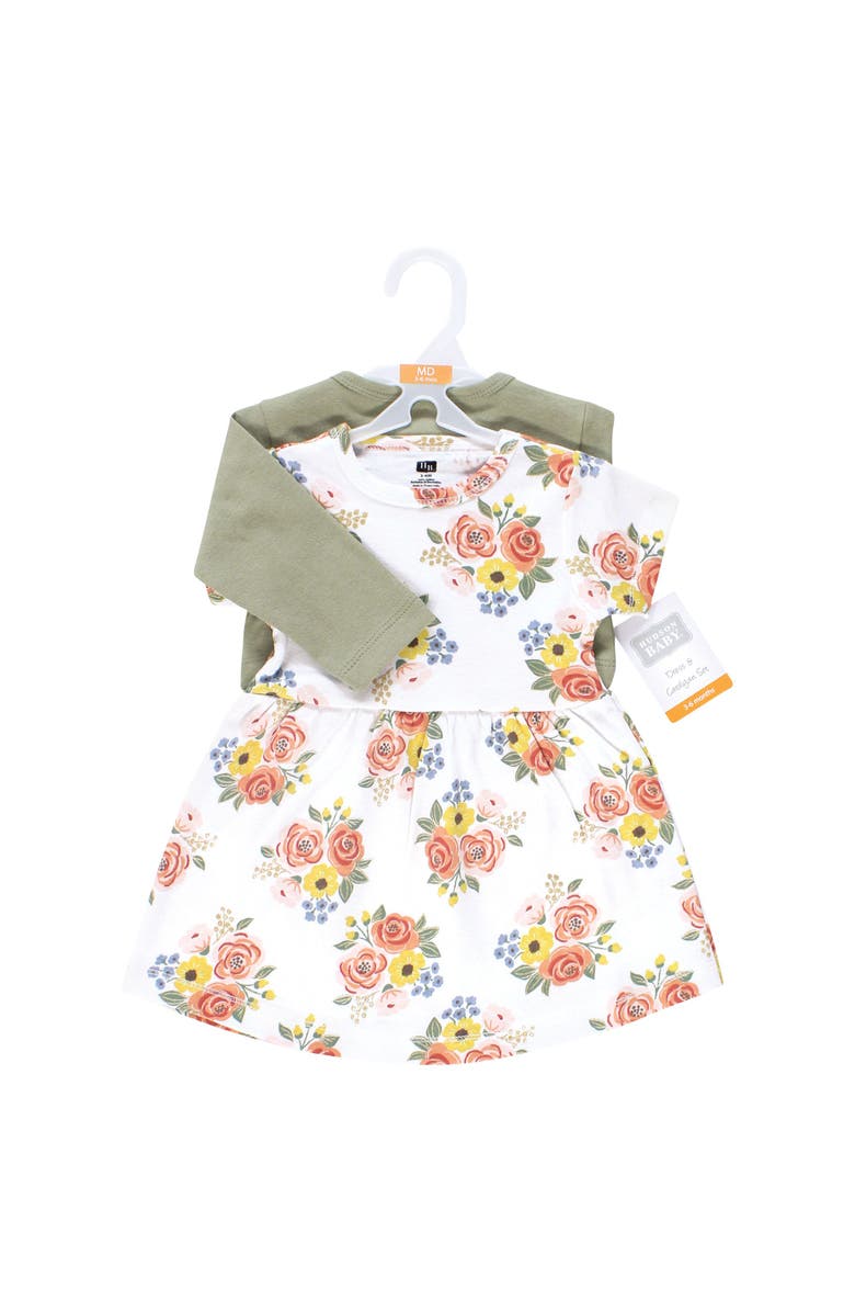 Hudson Baby Two-Piece Cotton Dress and Knit Cardigan Set, Alternate, color, Golden Bouquet