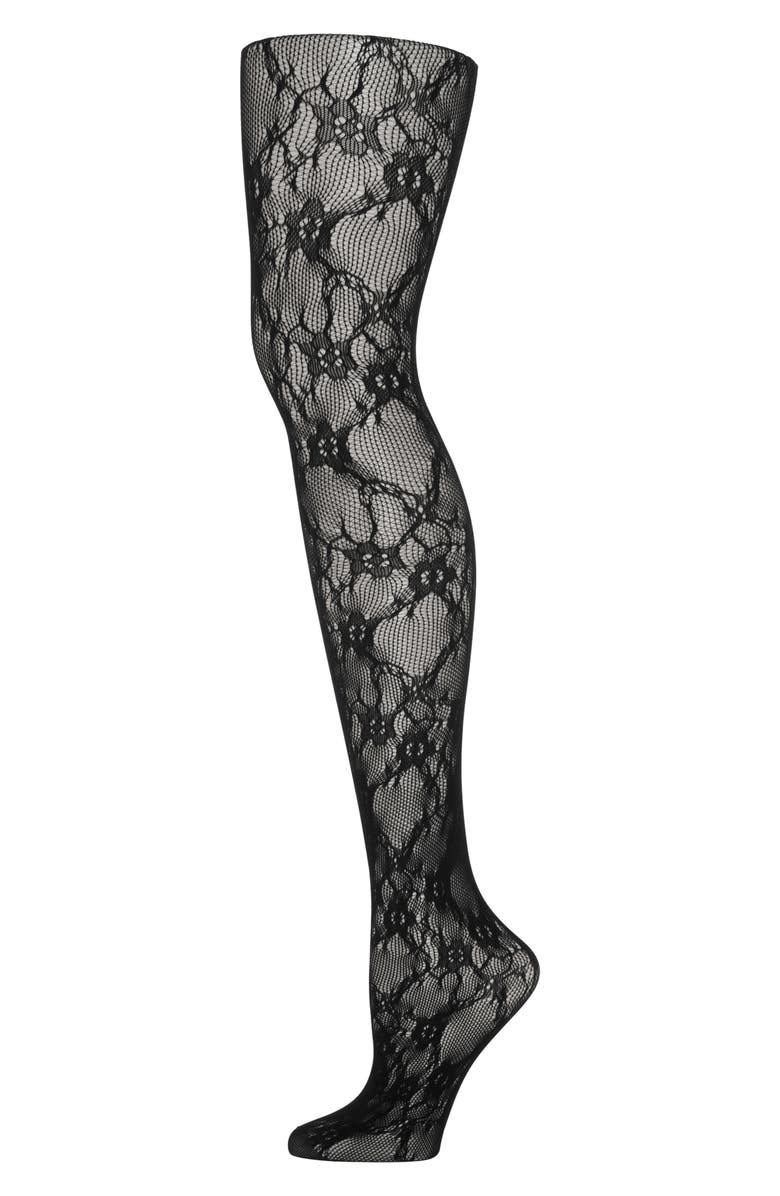 SAVAGE X FENTY Savage X Lace Floral Sheer Tights, Alternate, color, Black Caviar