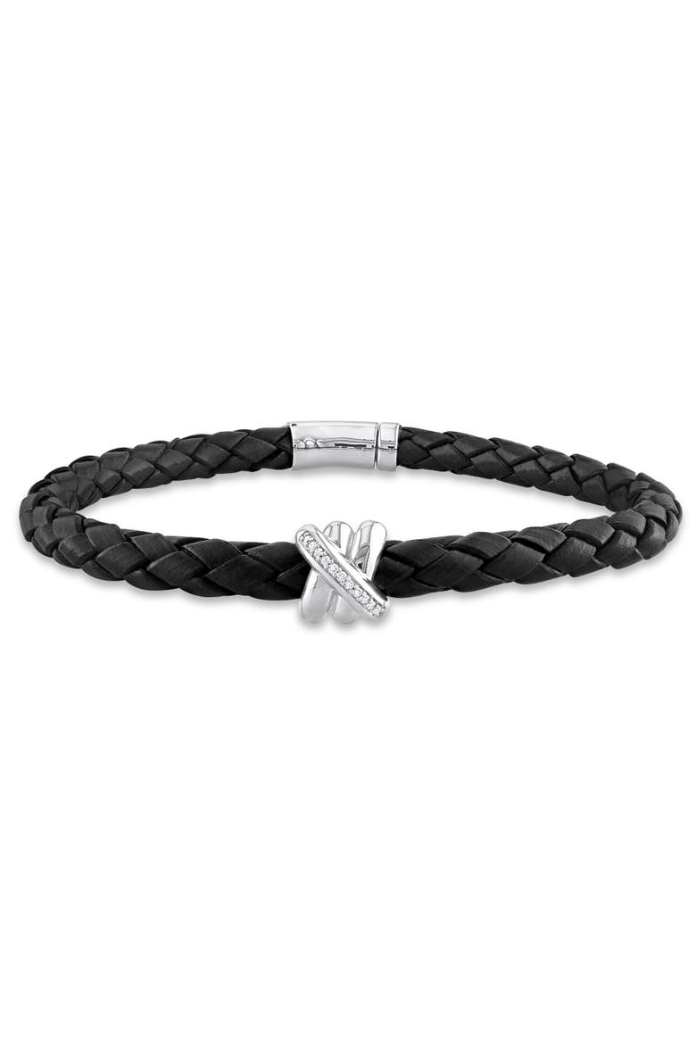 Diamond Crossover Motif Black Leather Bracelet 14k, Main, color, White Gold/Diamond