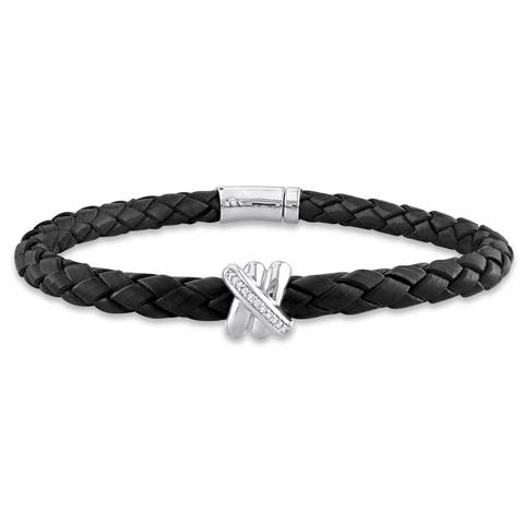 Diamond Crossover Motif Black Leather Bracelet 14k