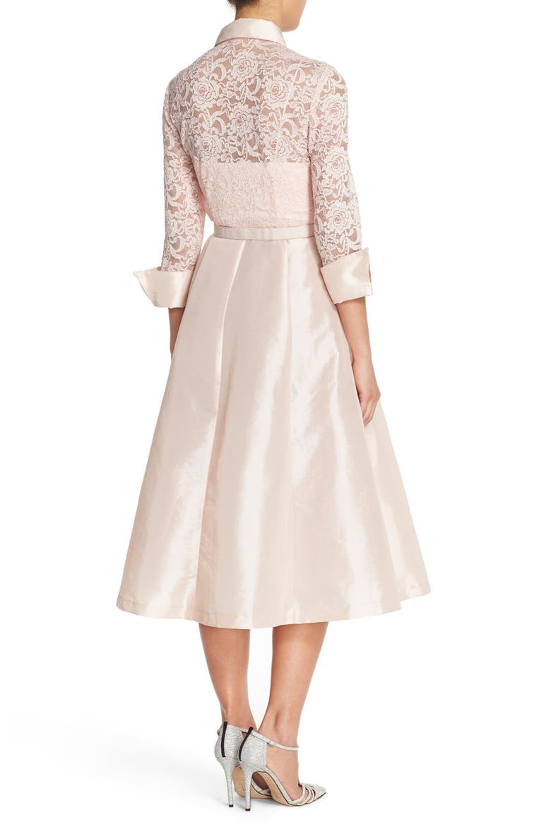 Belted Lace & Taffeta Point Collar Midi Dress, Alternate, color, BLUSH