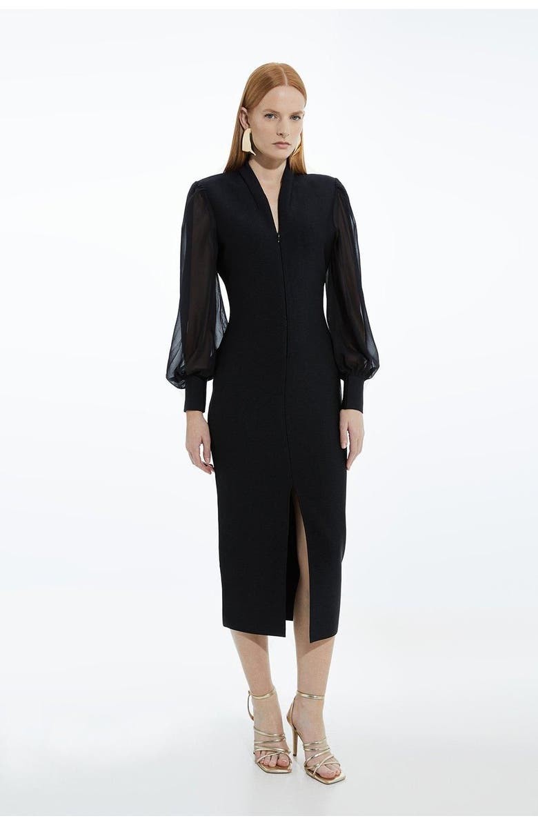 Karen Millen Zip Detail Chiffon Sleeve Knit Dress, Main, color, Black