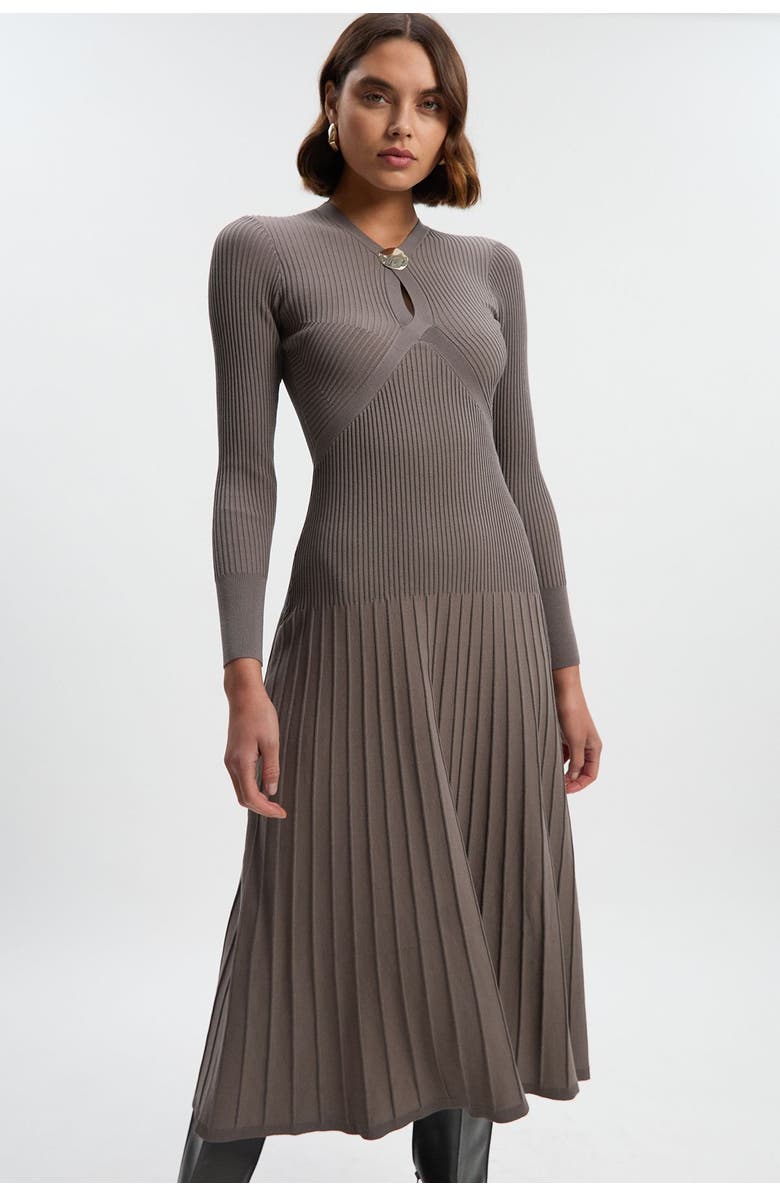 Karen Millen Rib Knit Trim Full Skirt Midi Dress, Main, color, Grey