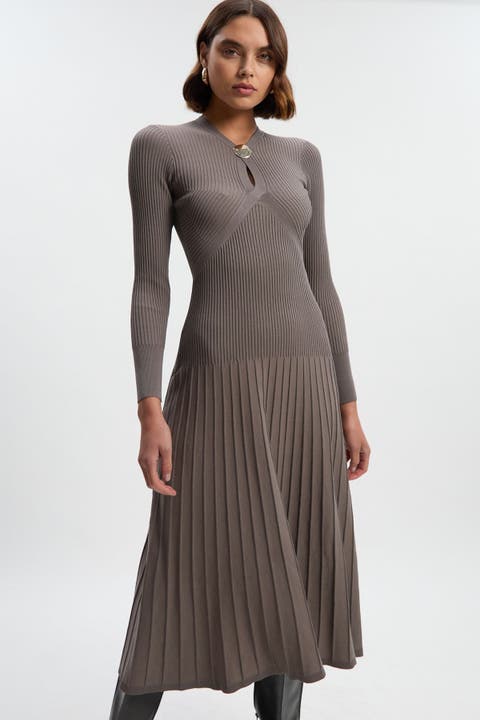 Rib Knit Trim Full Skirt Midi Dress