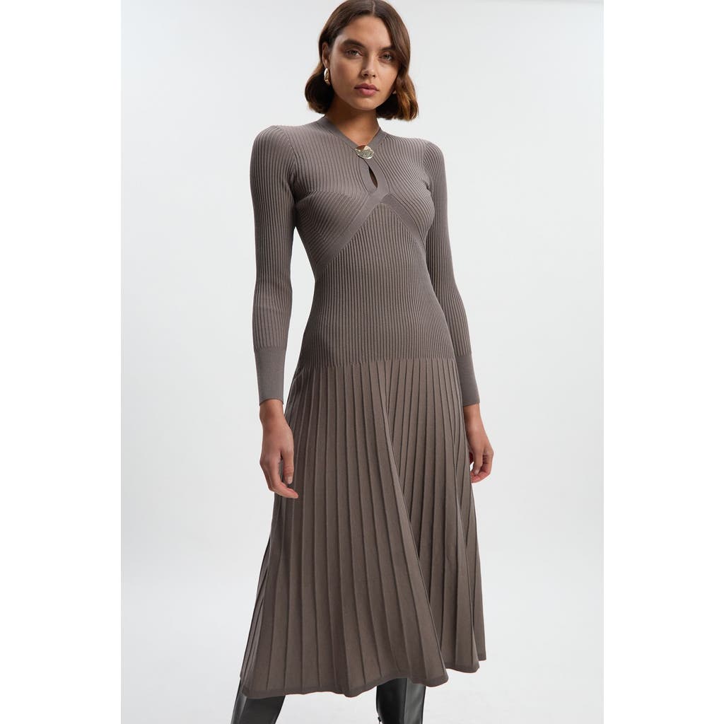 Karen Millen Rib Knit Trim Full Skirt Midi Dress In Gray