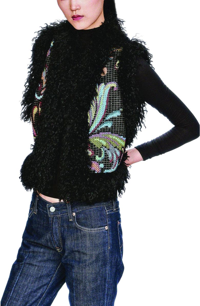Anna Sui Tapestry Faux Fur Trim Vest, Alternate, color, Black Multi