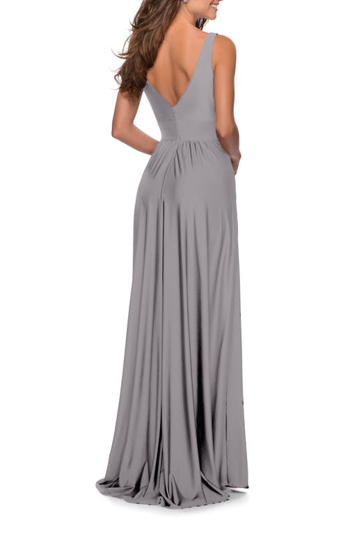 La Femme Empire Waist Gown With Deep V Neckline In Silver