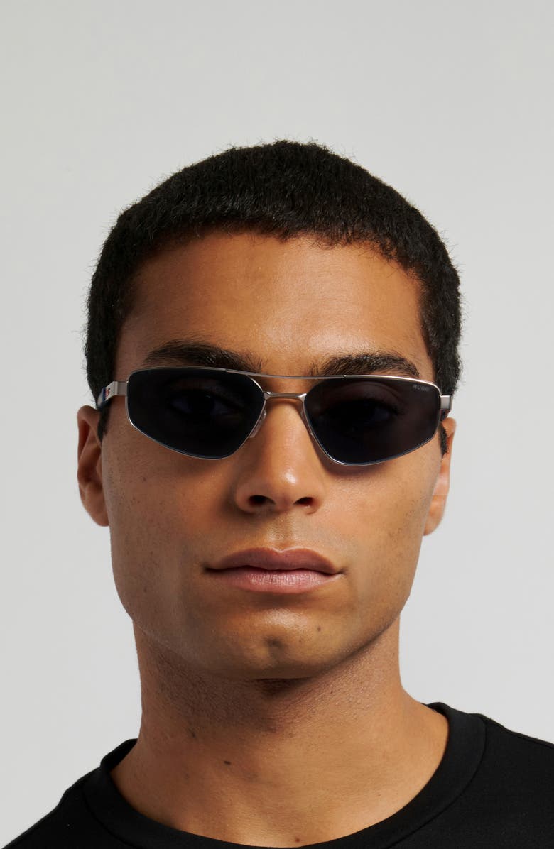 HUGO 58mm Rectangular Geometric Sunglasses, Alternate, color, Matte Ruthenium/ Blue