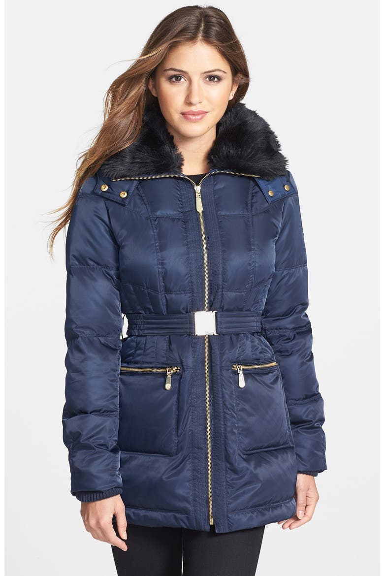 Faux Fur Collar Down & Feather Parka, Main, color, NAVY
